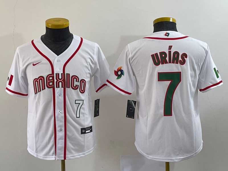 Youth Mexico Baseball #7 Julio Urias Number 2023 Red World Baseball Classic Stitched Jersey 4